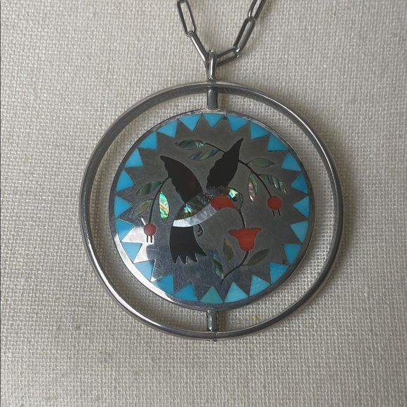 Zuni spinner pendant, vintage inlay, sterling silver - Picture 3 of 7